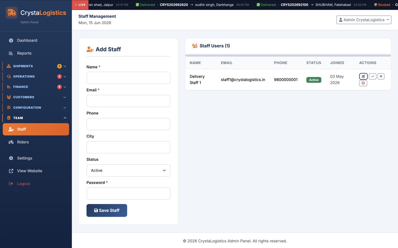 CrystaLogistics admin panel